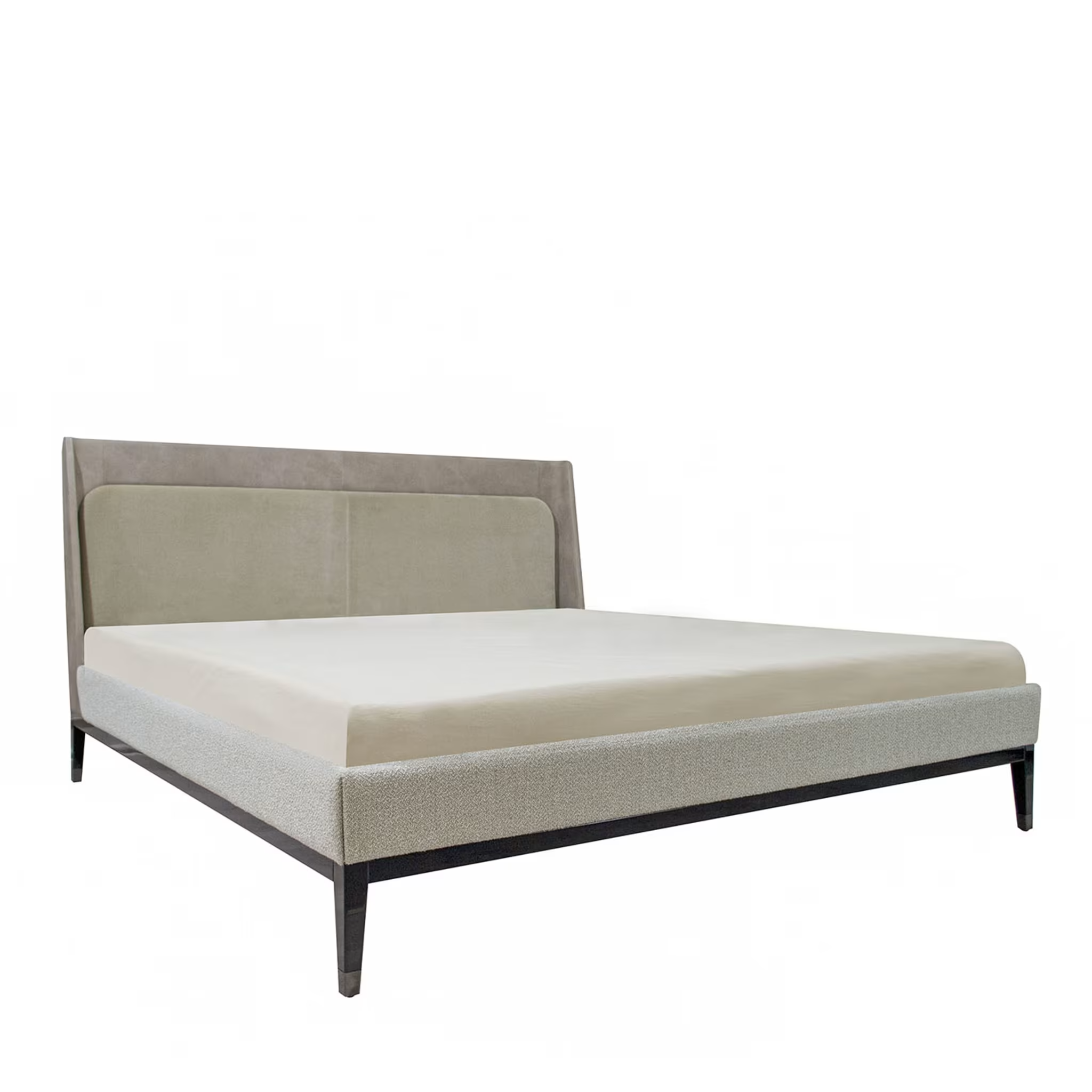 Italian bed upholstered in nubuck and quinoa boucle fabric