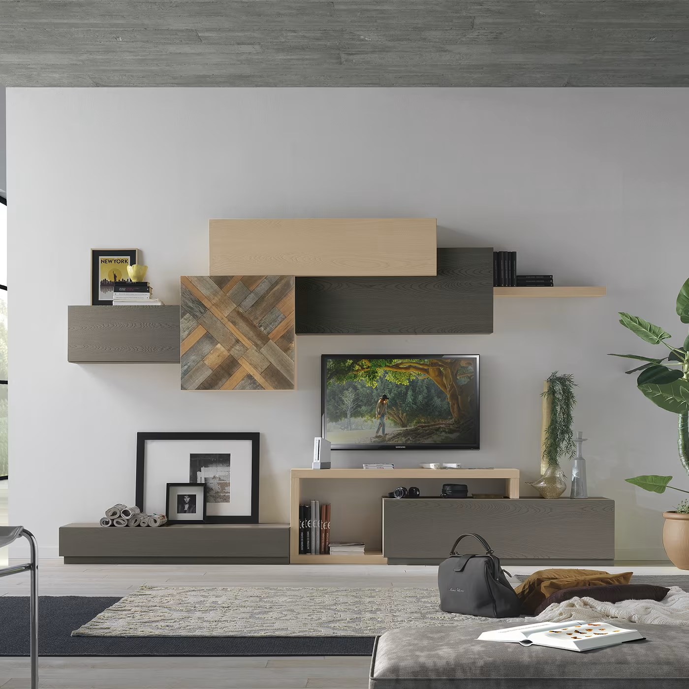 Square wall unit with old wooden inserts
