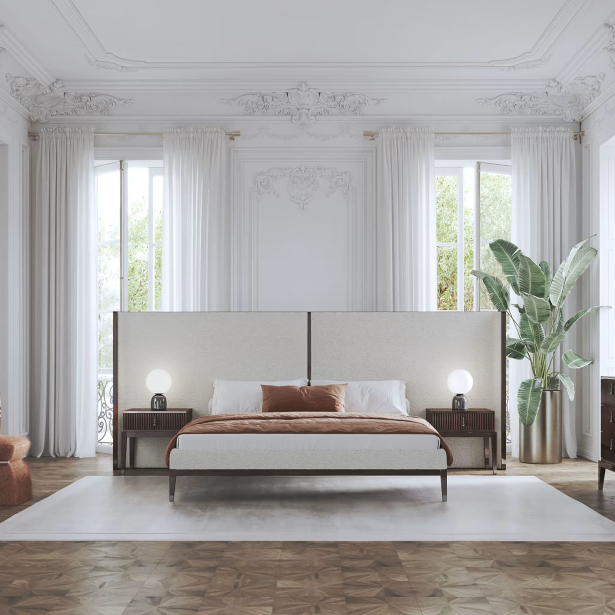 Thyia 140 xl italian curved bed in ivory boucle fabric