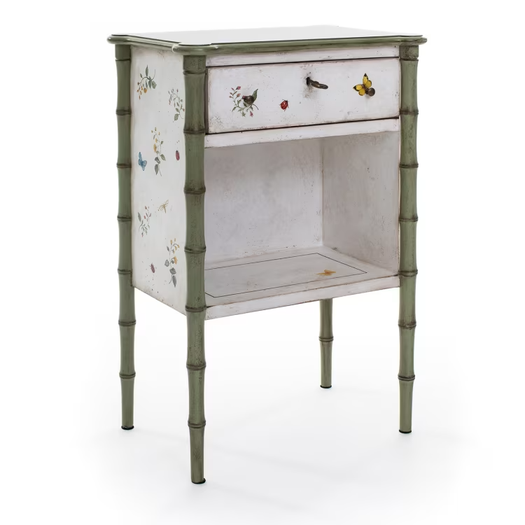 White-green lombardia bamboo nightstand with butterflies