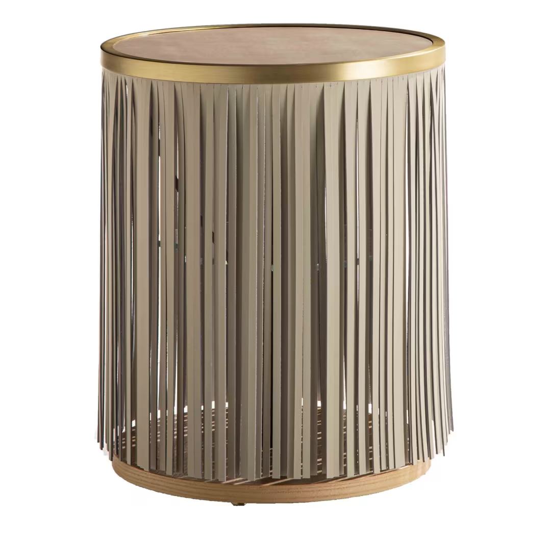 Indian ash side table with gray leather fringe