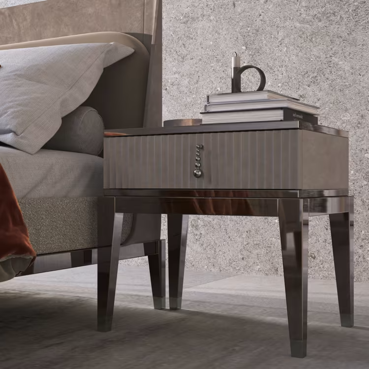 Italian night table in nubuck upholstered with one drawer