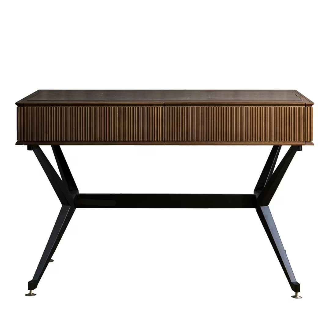 Two drawer wood and leather console