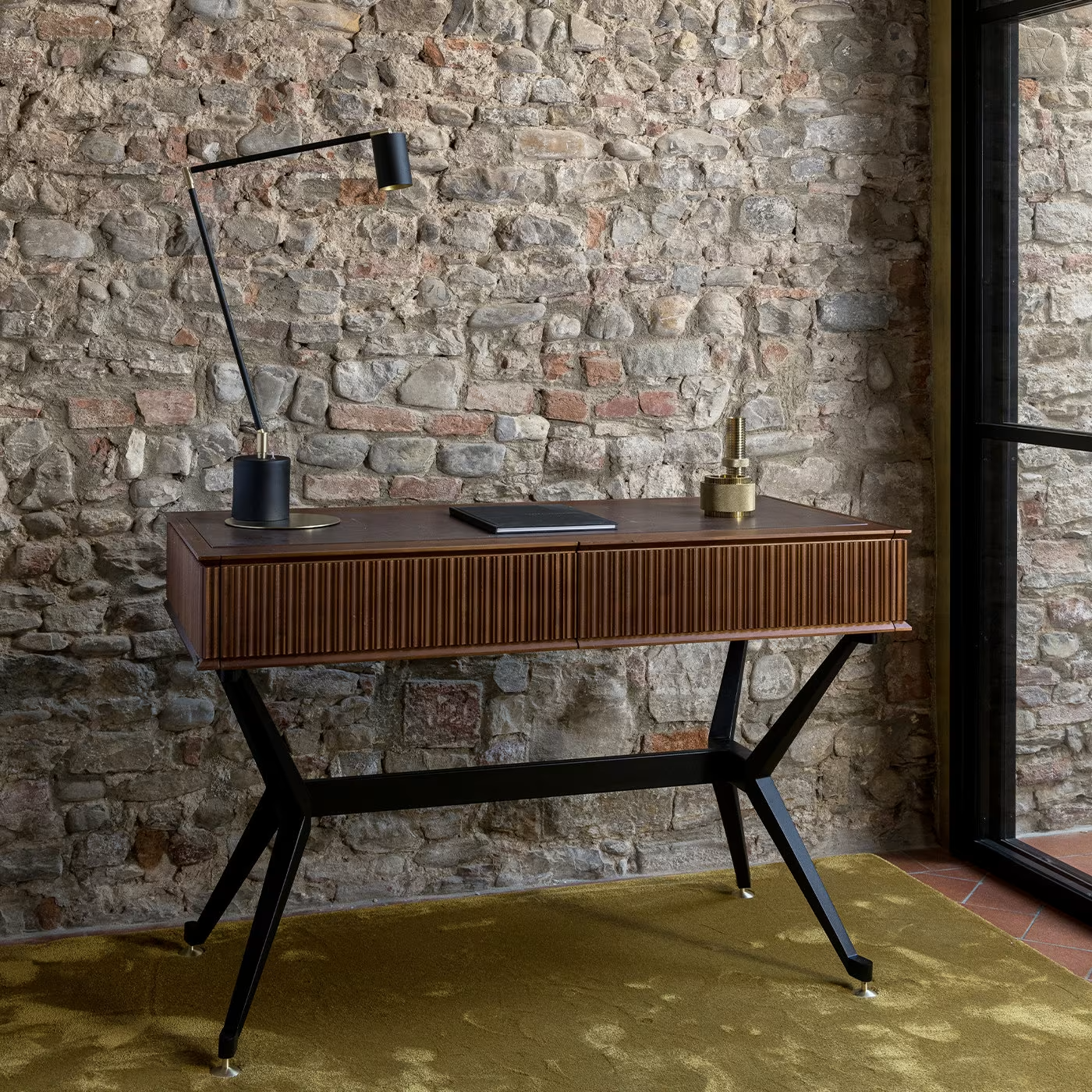 Two drawer wood and leather console
