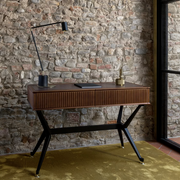 Two drawer wood and leather console