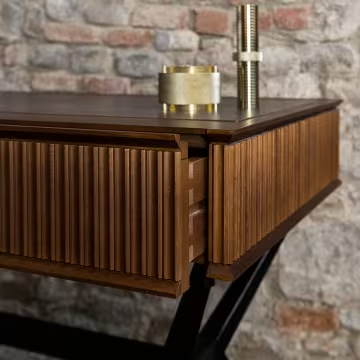 Two drawer wood and leather console