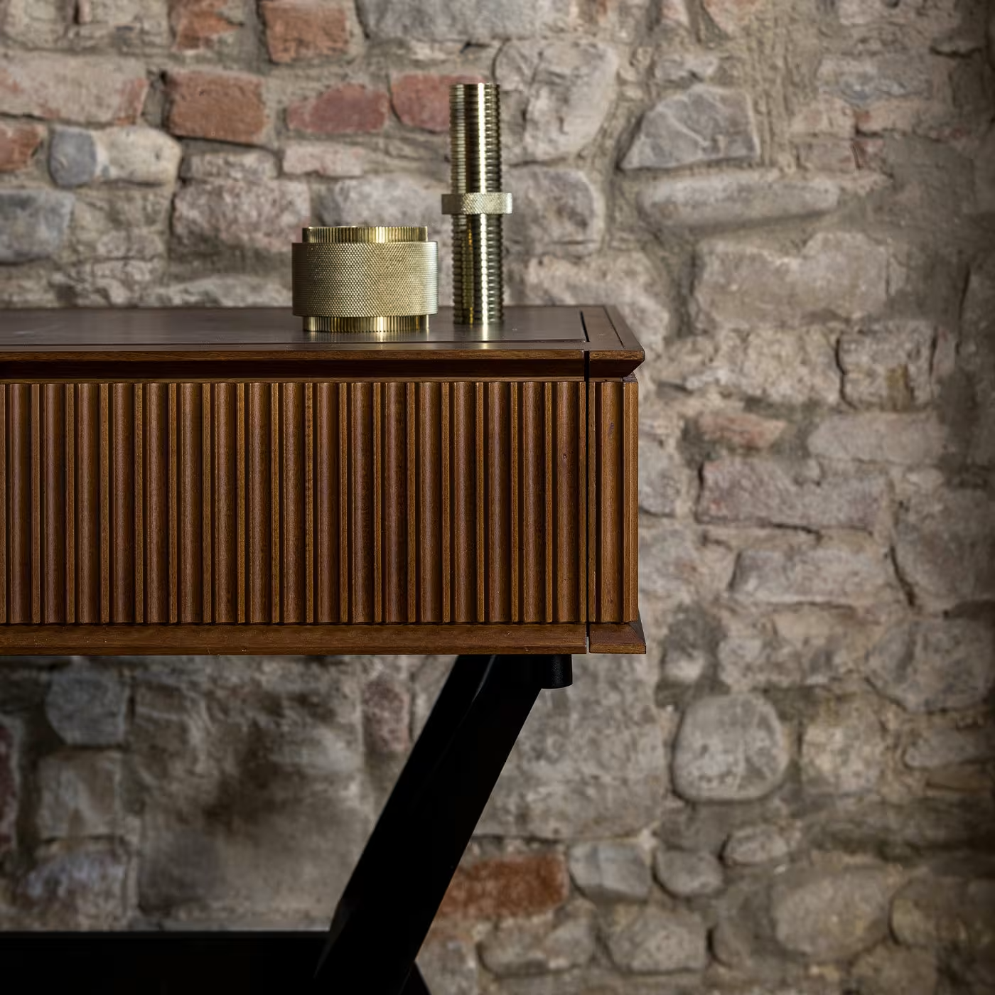 Two drawer wood and leather console