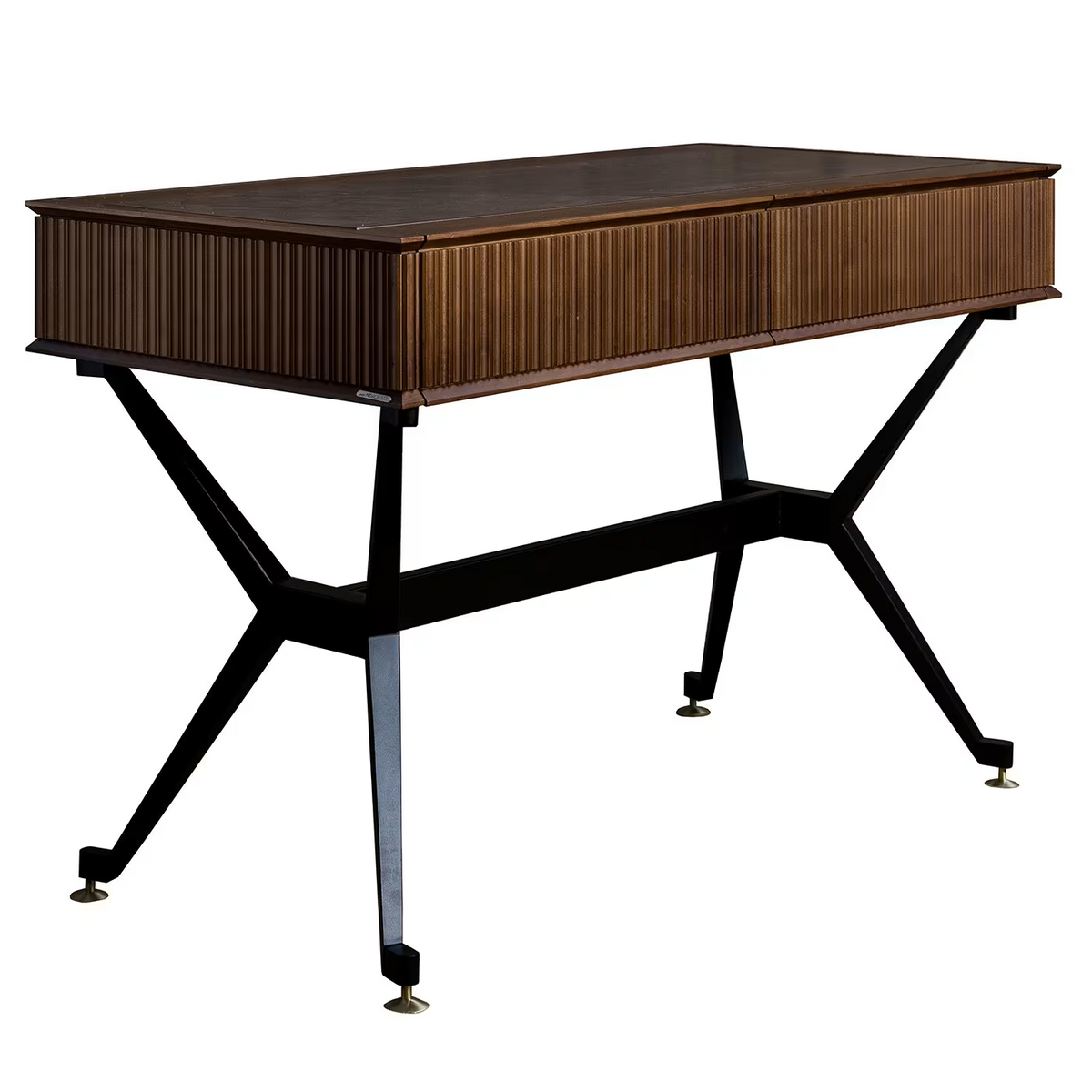 Two drawer wood and leather console