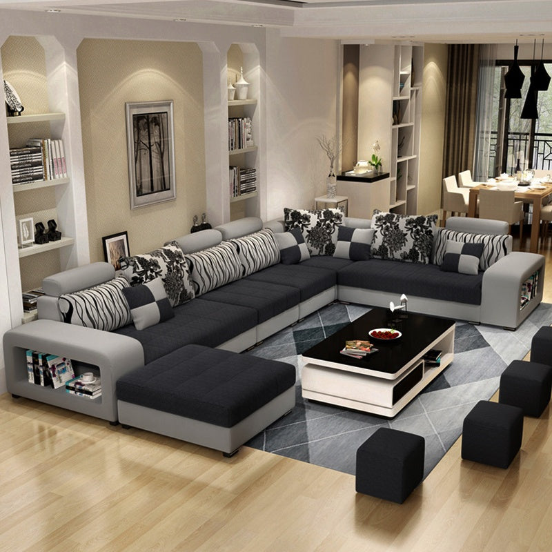 U-shaped sofa made of fabric and wood