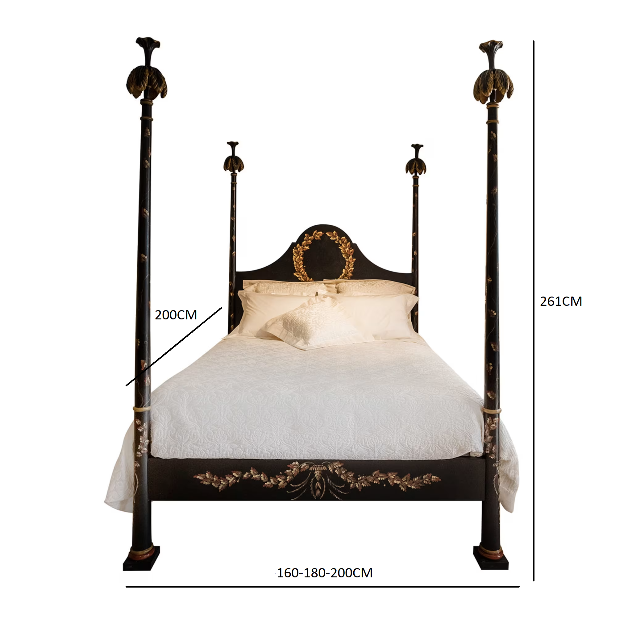 Black roma queen size bed with laurel crown