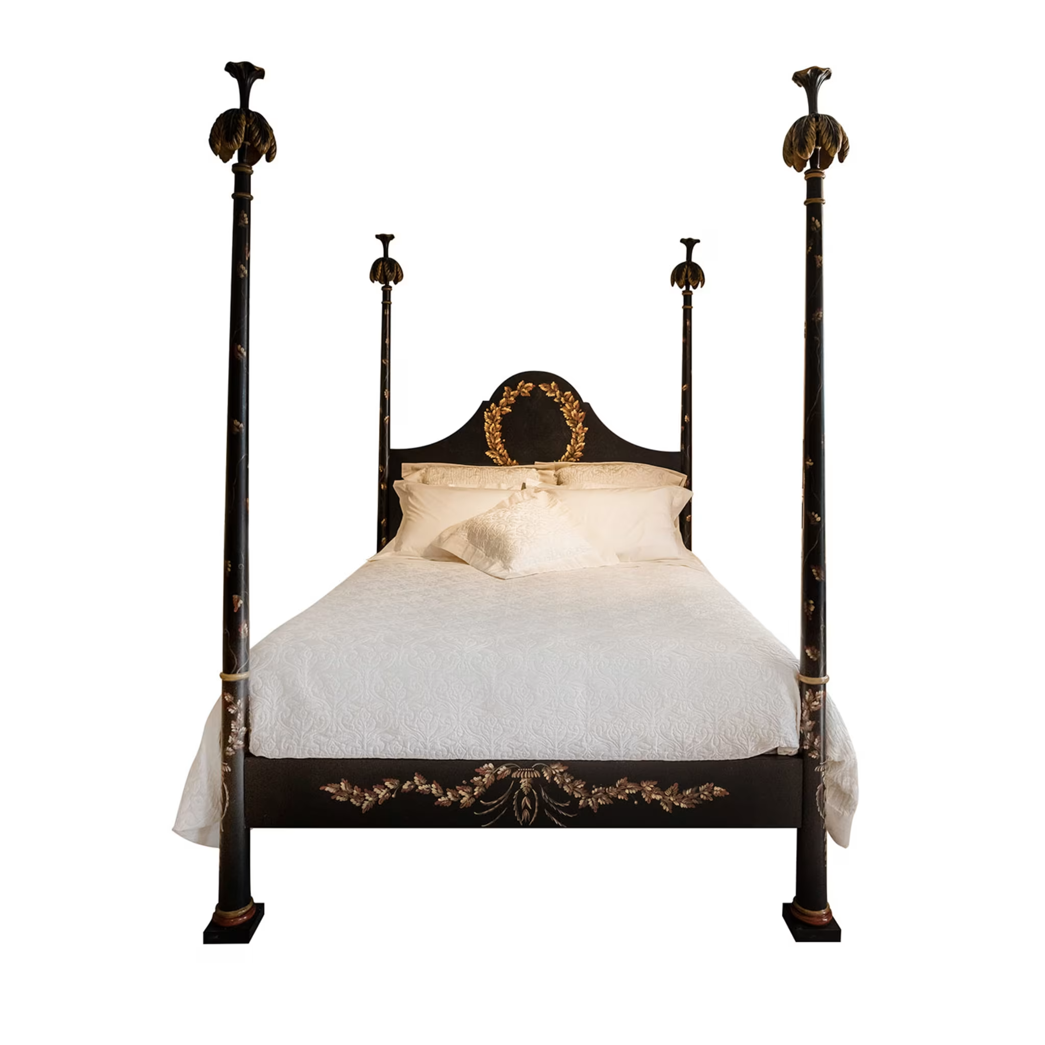 Black roma queen size bed with laurel crown