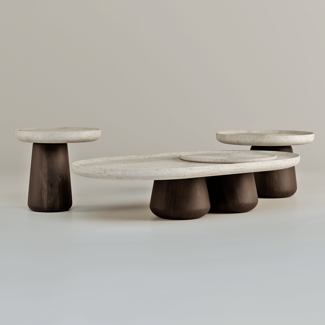 Sahra | Travertine & Solid Wood Table Set