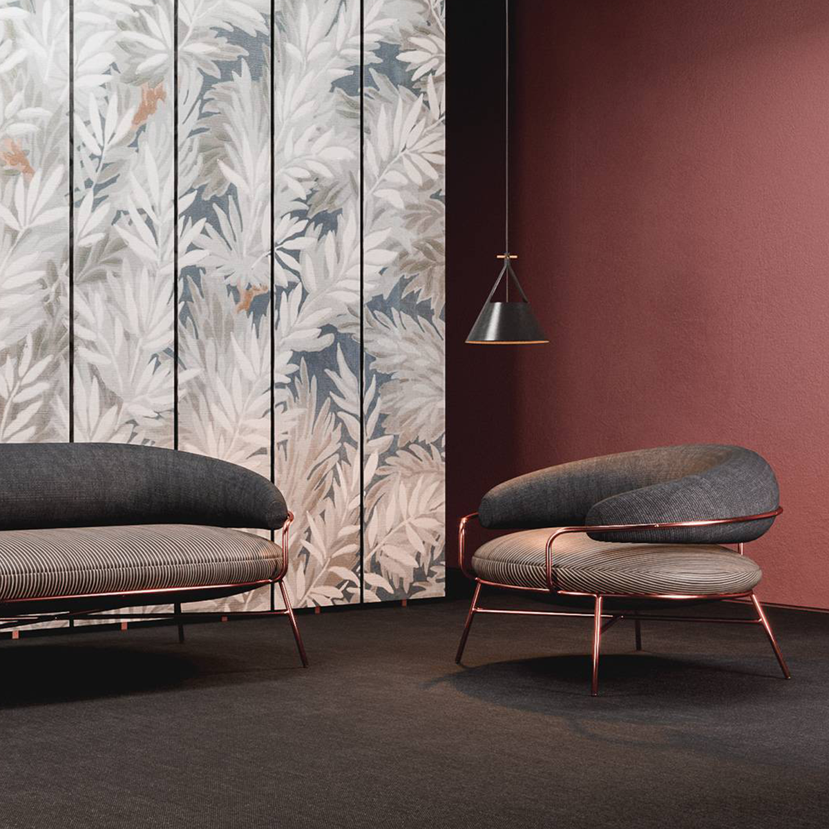 Circular metal chair with sofa