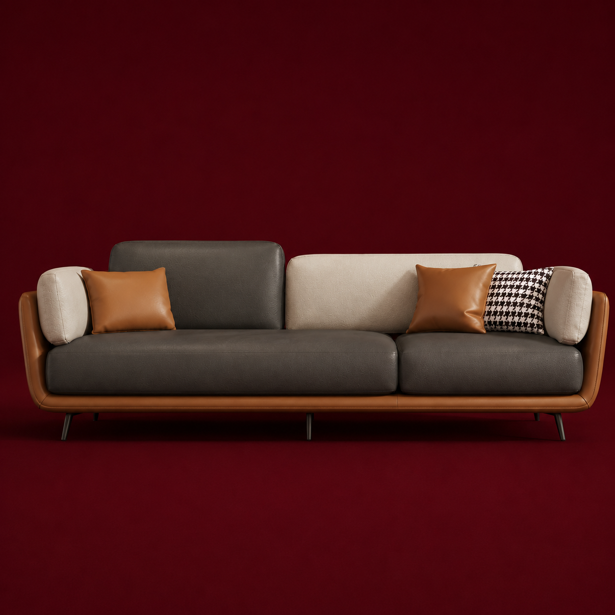 Three-seater leather sofa with metal legs
