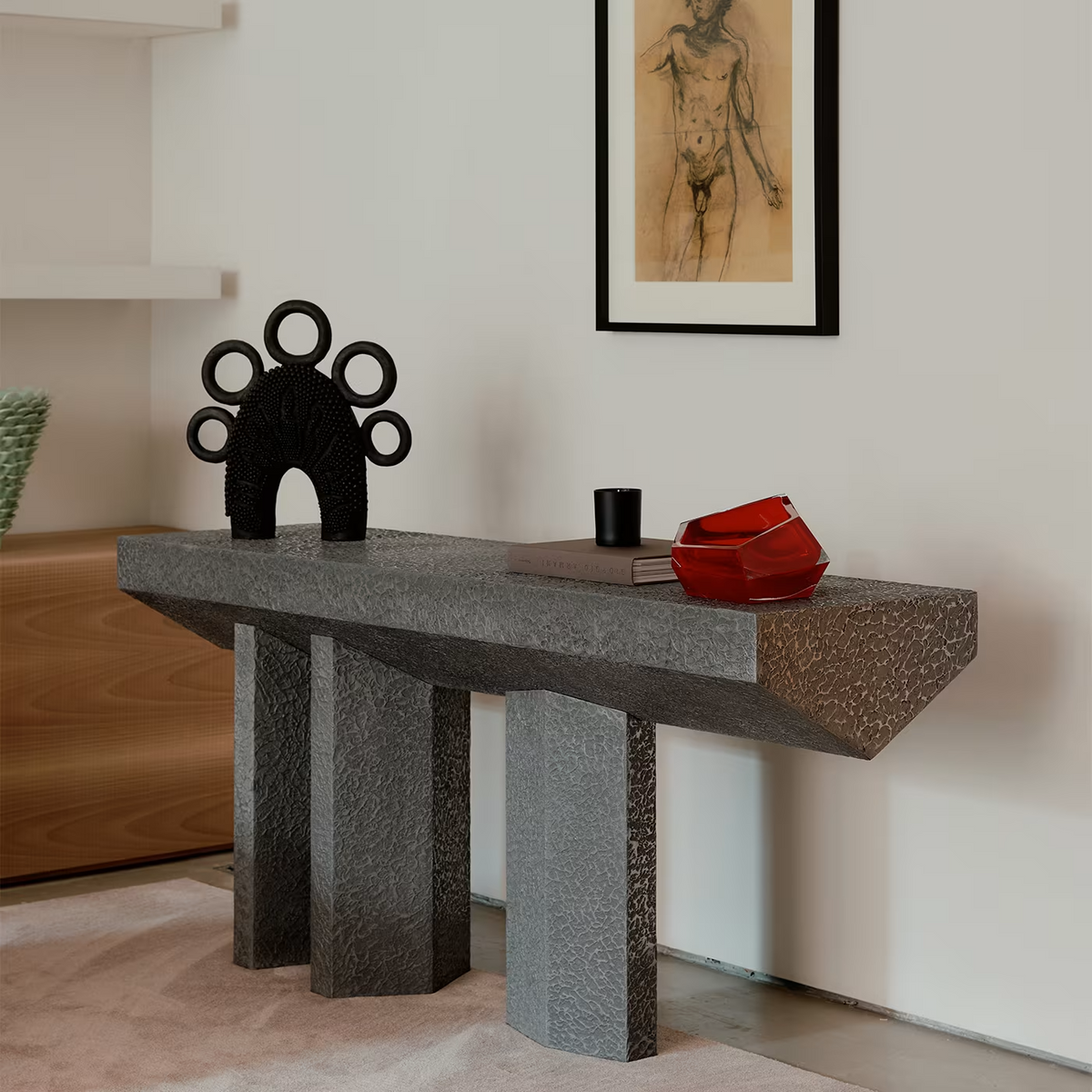 Imperfetto asymmetrical three-legged liquid metal tin console
