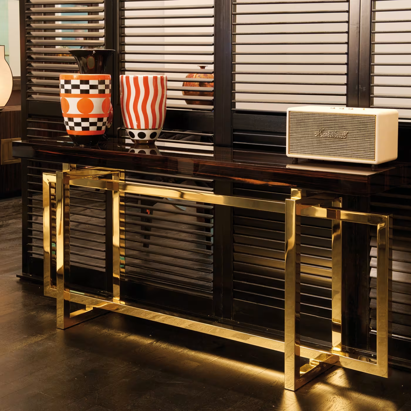 Charlotte console with brass-plated metal base