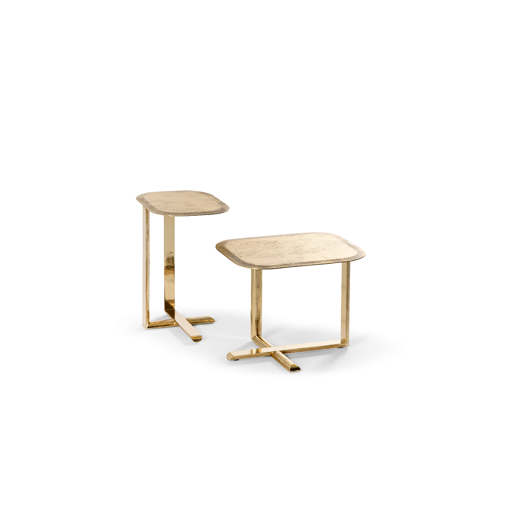 Two small side tables with gold frames on a white background