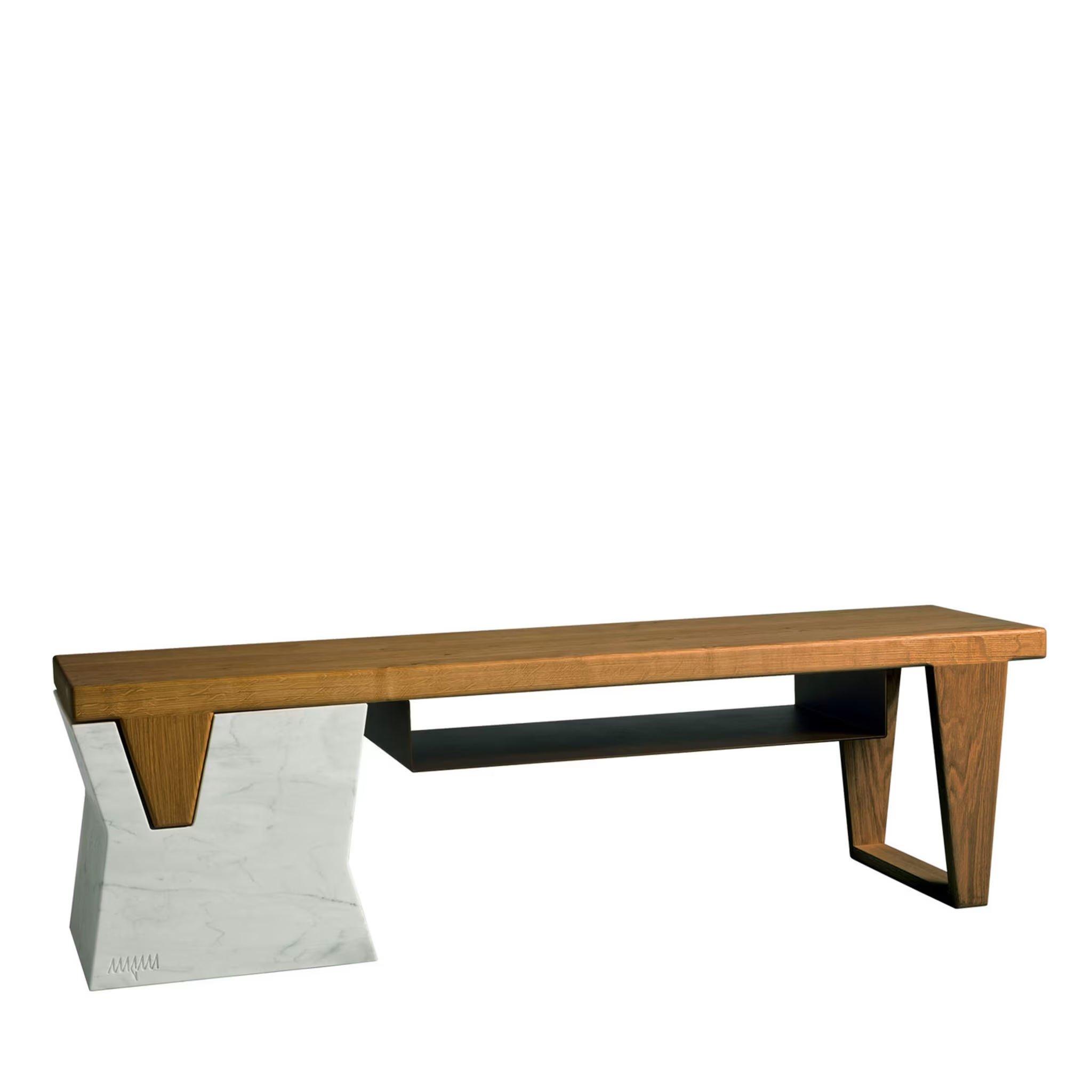 Plaza bench with shelf