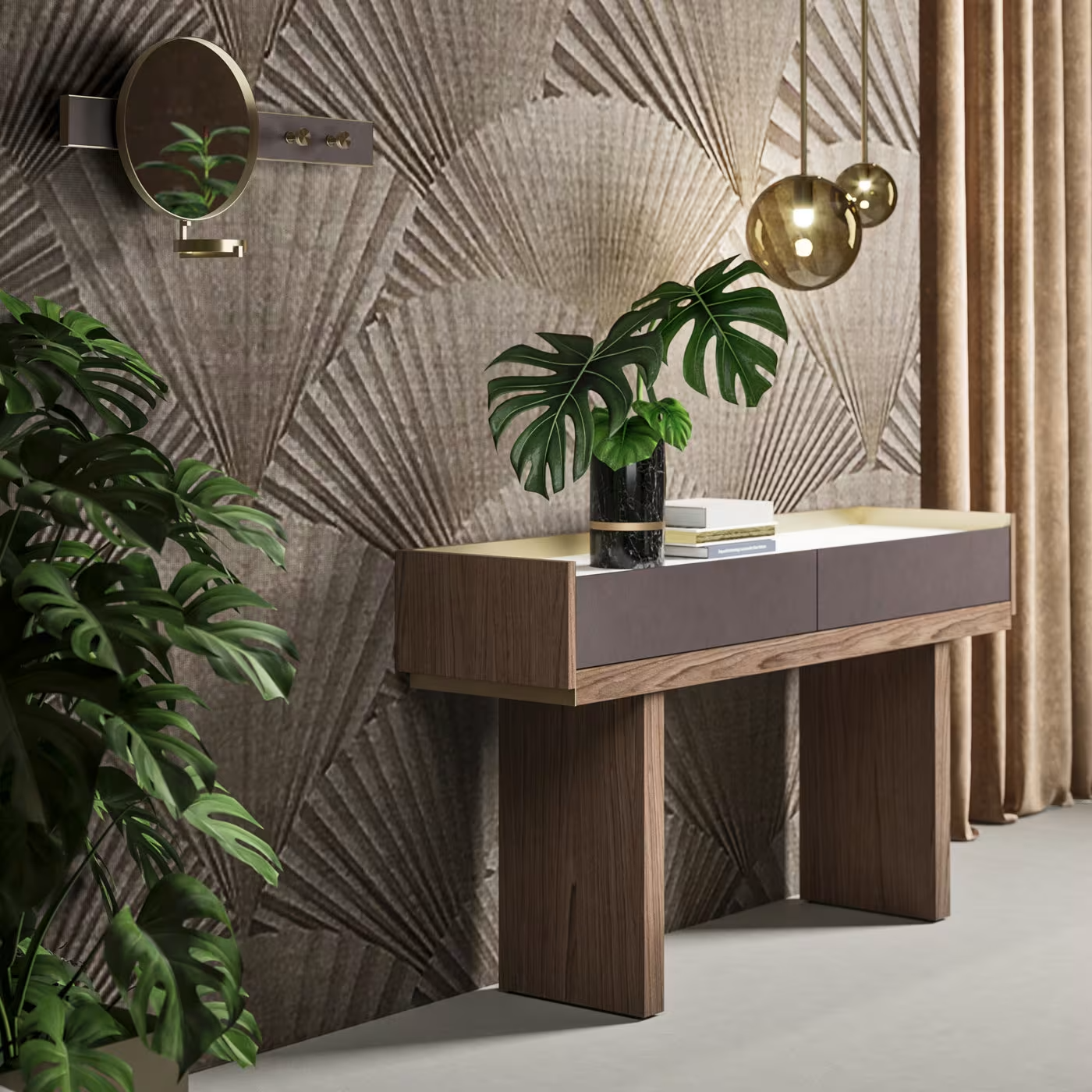 Block console with calacatta marble top