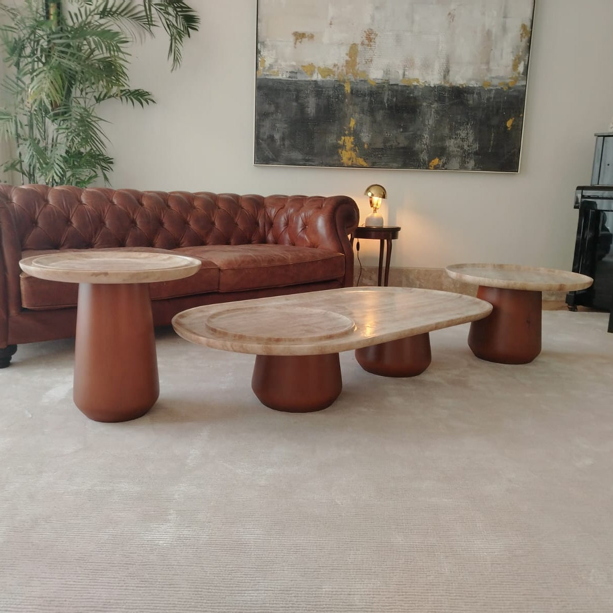 Sahra | Travertine & Solid Wood Table Set