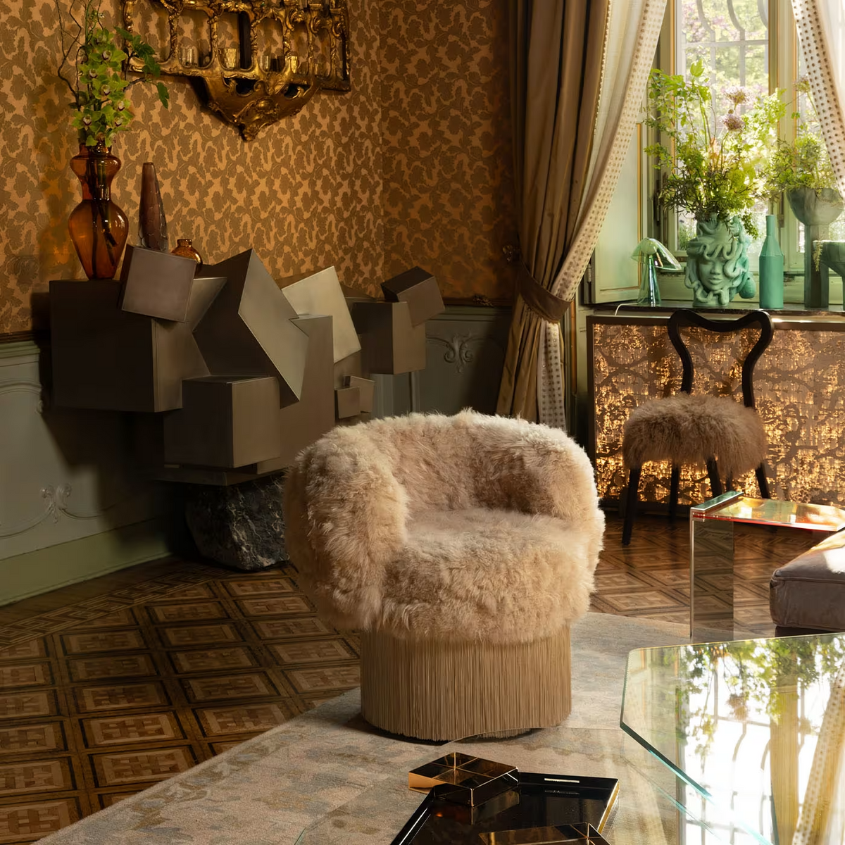Cachemire fur pirouette swivel armchair