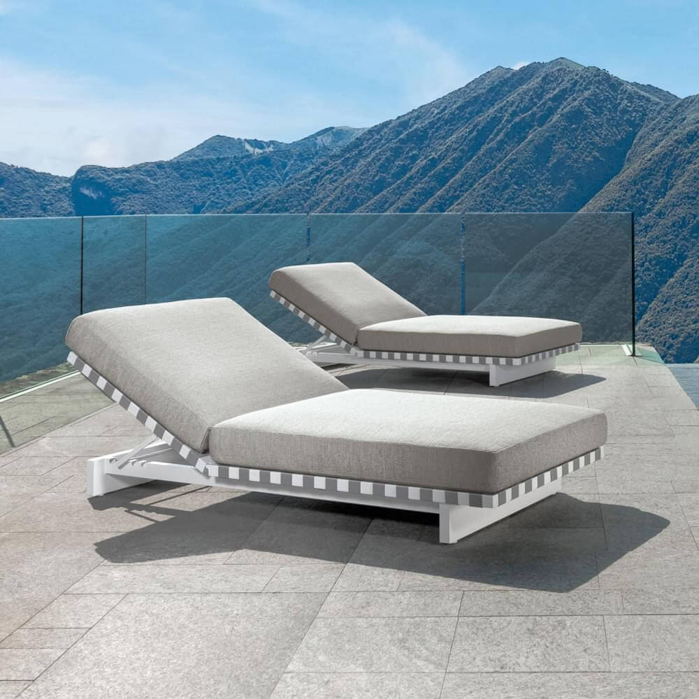Grey fabric outdoor lounge chairs