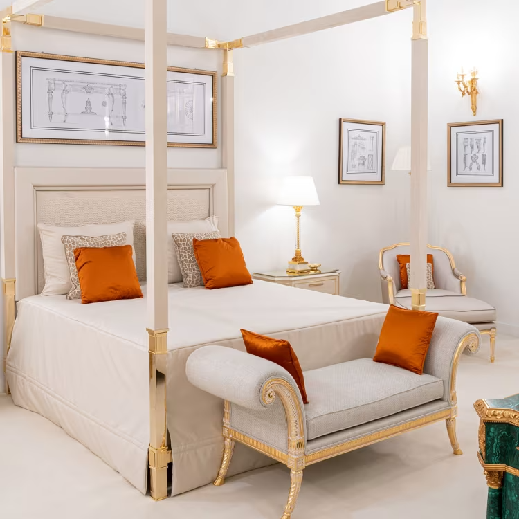 White leather & golden bronze double canopy bed