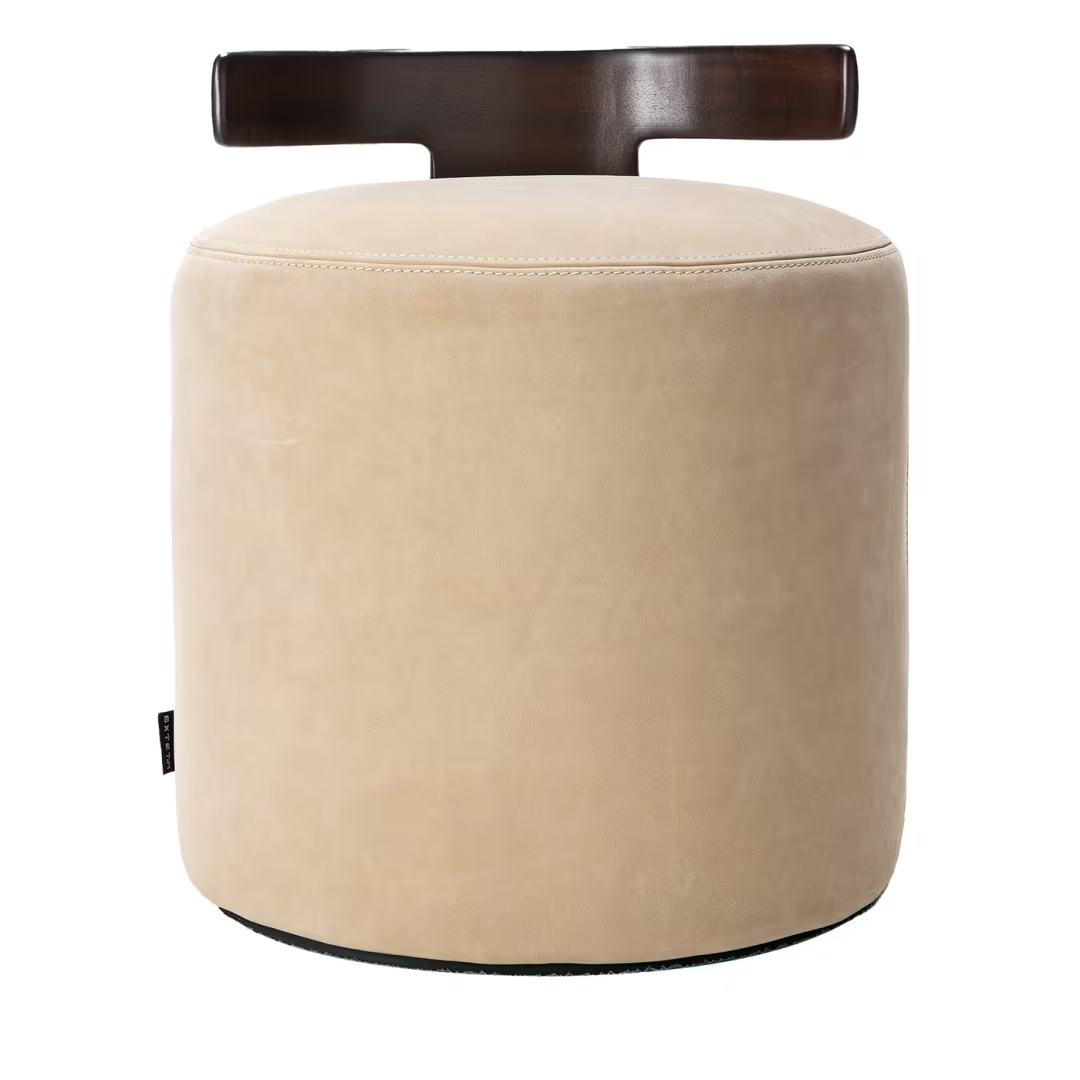 Cream white leather t-pouf with backrest