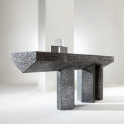 Imperfetto asymmetrical three-legged liquid metal tin console