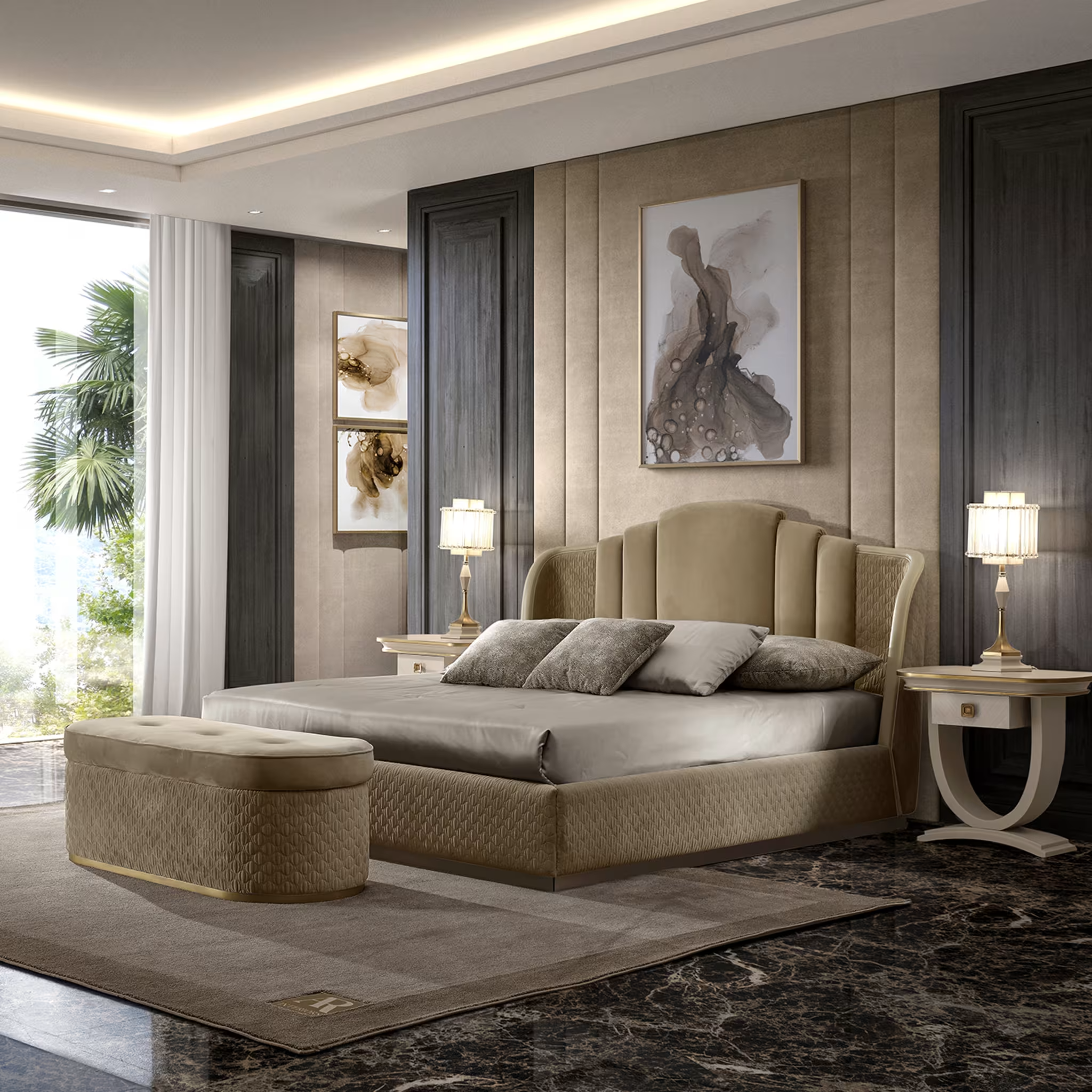 Beige textile bed