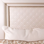 White leather and golden bronze double canopy bed