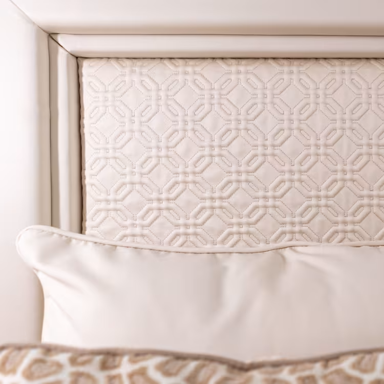 White leather & golden bronze double canopy bed