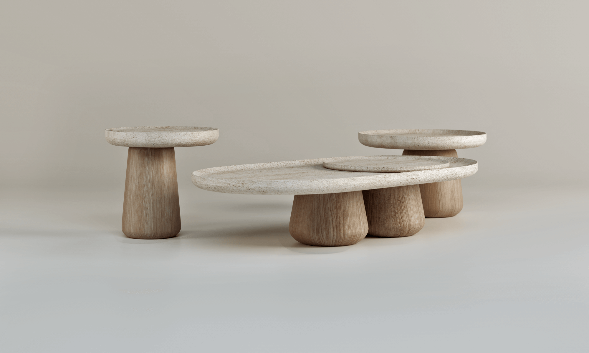 Sahra | Travertine & Solid Wood Table Set