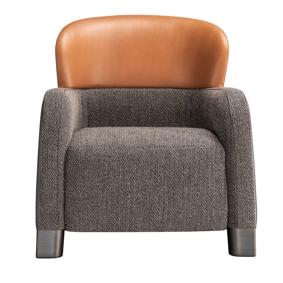 Bucket brown and gray armchair with low headrest