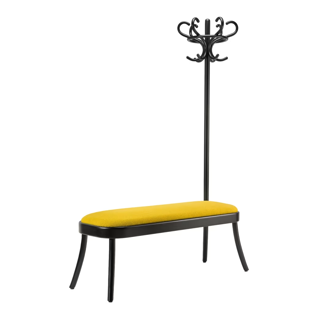 Coat rack bench with upholstered seat