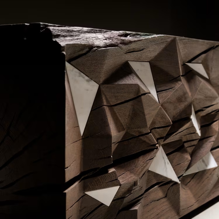 Polygon fossil oak bench