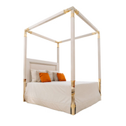 White leather and golden bronze double canopy bed