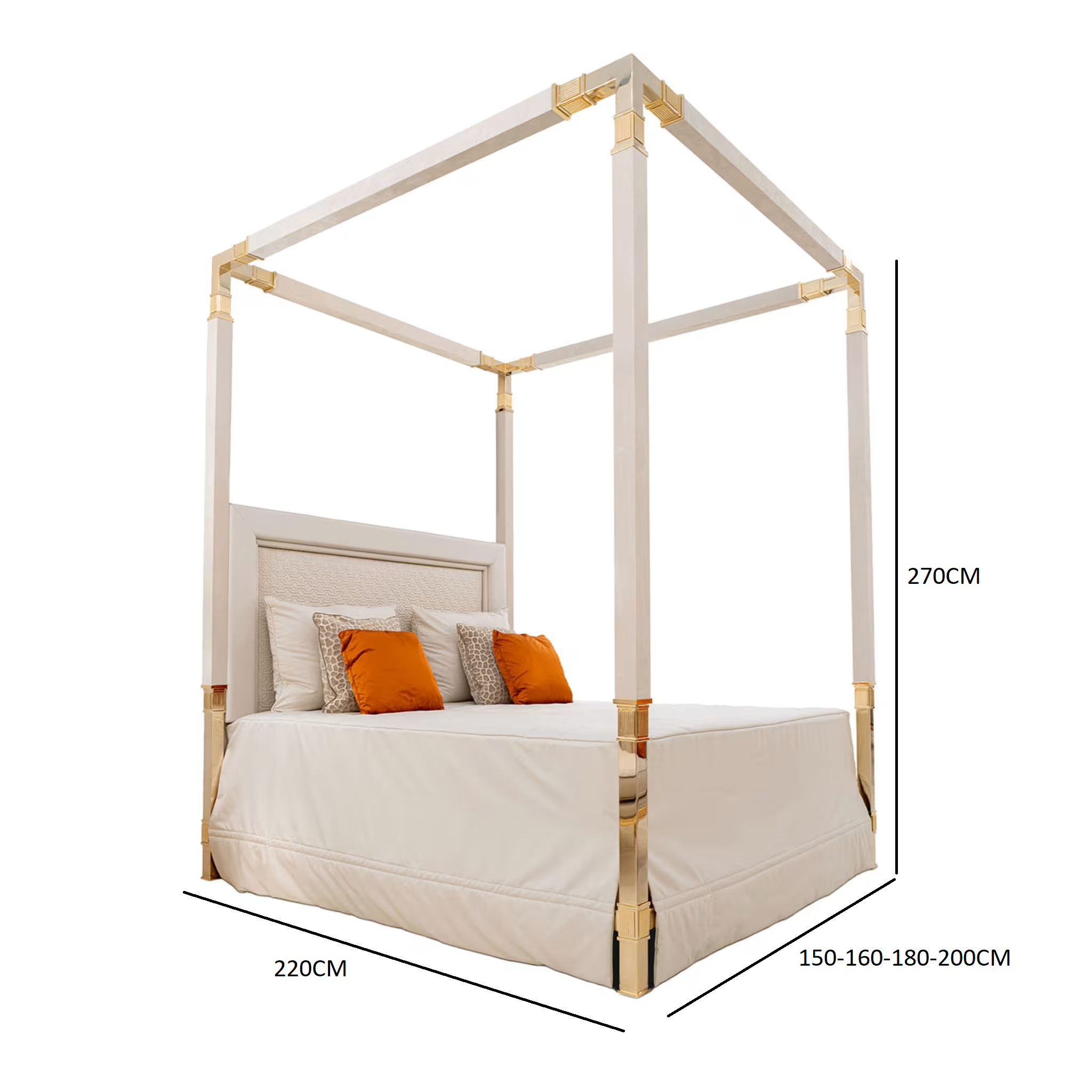 White leather & golden bronze double canopy bed