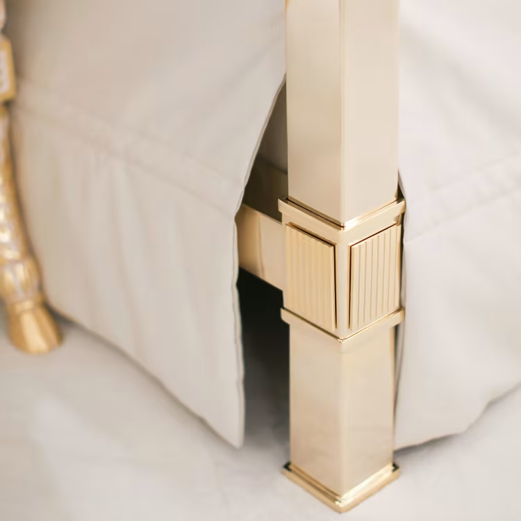 White leather & golden bronze double canopy bed