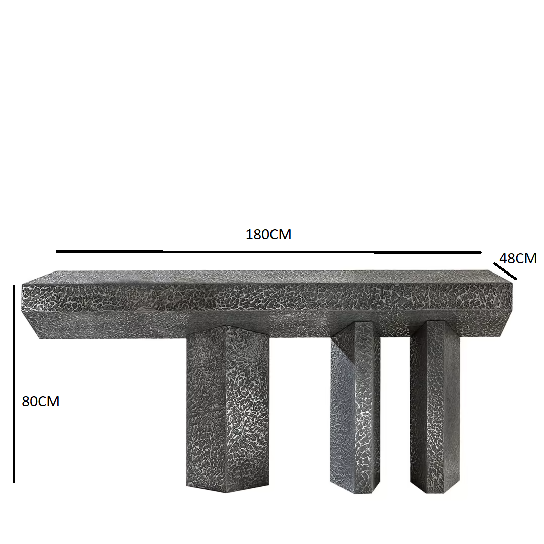 Imperfetto asymmetrical three-legged liquid metal tin console
