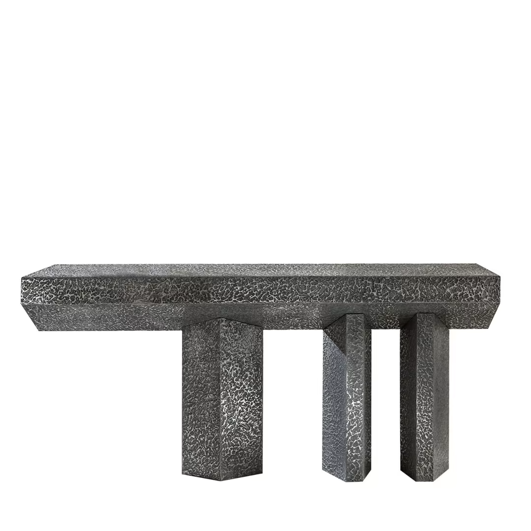 Imperfetto asymmetrical three-legged liquid metal tin console